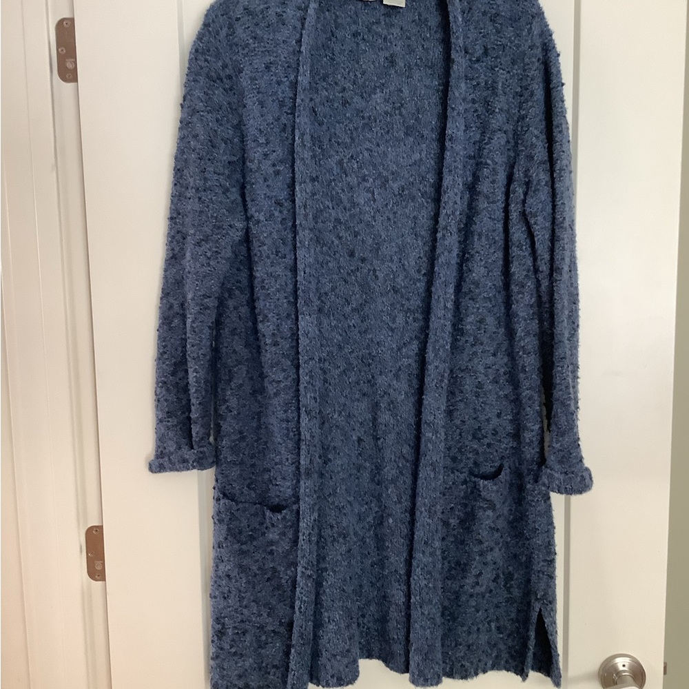 TravelSmith Cozy Heathered Blue Merino Wool Cardigan, duster length
